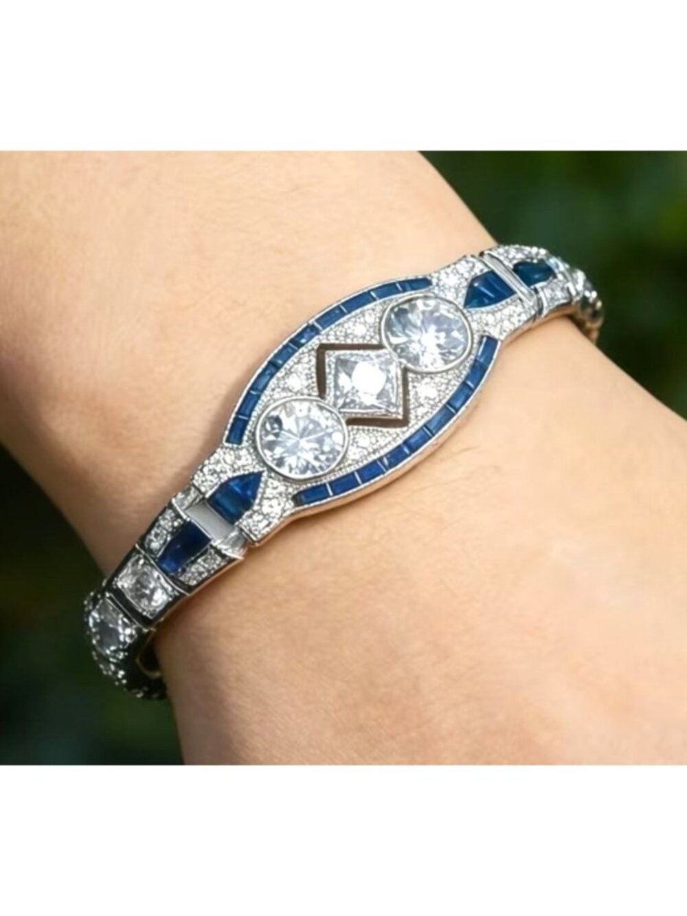 Art Deco Style Silver925 Plated Bracelet With Moissanite and Synthetic Sapphire